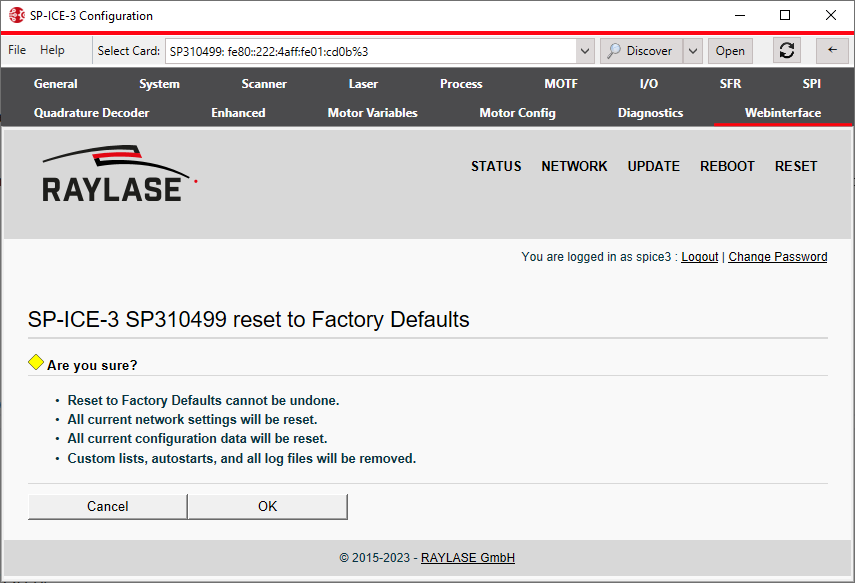 SP-ICE-3 Web Interface-Reset-Factory-Confirm